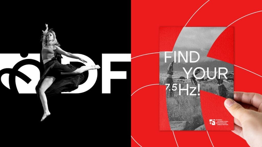 Dual-panel visual featuring promotional content for the Istanbul International Improvisation Dance Festival: on the left, a black-and-white image of a dancer mid-leap against a bold black background with the festival’s logo; on the right, a hand holding a red and gray flyer with the text 'Find Your 7.5 Hz!' overlaid on a scenic outdoor photograph, emphasizing movement and mindfulness.