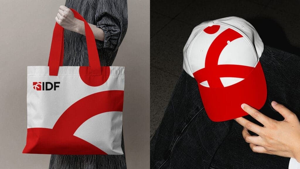 Stylish branded merchandise for the Istanbul International Improvisation Dance Festival (IIDF). On the left, a white tote bag with bold red abstract patterns and the IIDF logo, being held by a person. On the right, a white baseball cap with matching red abstract design elements, showcasing a modern and cohesive festival aesthetic.