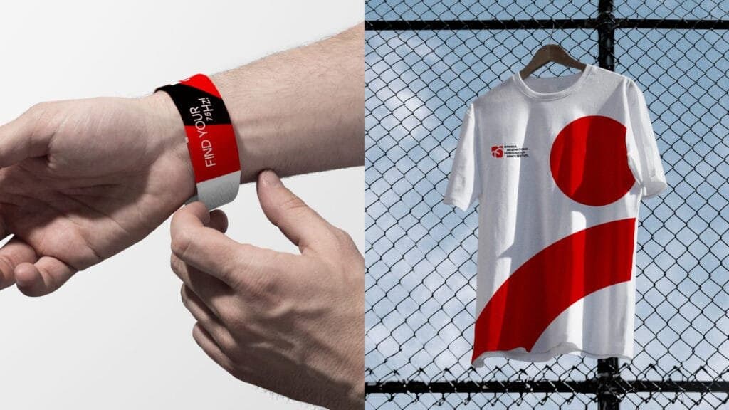 Promotional merchandise for the Istanbul International Improvisation Dance Festival (IIDF). On the left, a red and black wristband with the text 'Find Your 7.5 Hz!' being adjusted on a wrist. On the right, a white t-shirt with bold red abstract shapes and the IIDF logo, hanging against a chain-link fence with a clear blue sky in the background, showcasing modern and minimalist event branding.