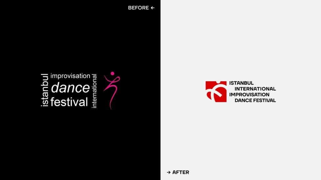 Comparison of the Istanbul International Improvisation Dance Festival logos, showing a transition from the black and pink artistic design with abstract dancer to a minimalist red and white modern design on a light background