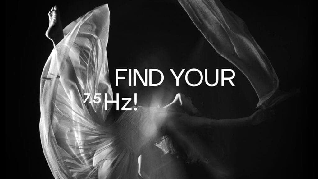 Black-and-white artistic photograph of a dancer mid-motion, with flowing fabric creating a sense of fluidity and grace, accompanied by the bold text 'Find Your 7.5 Hz!' highlighting themes of movement, energy, and mindfulness for the Istanbul International Improvisation Dance Festival.