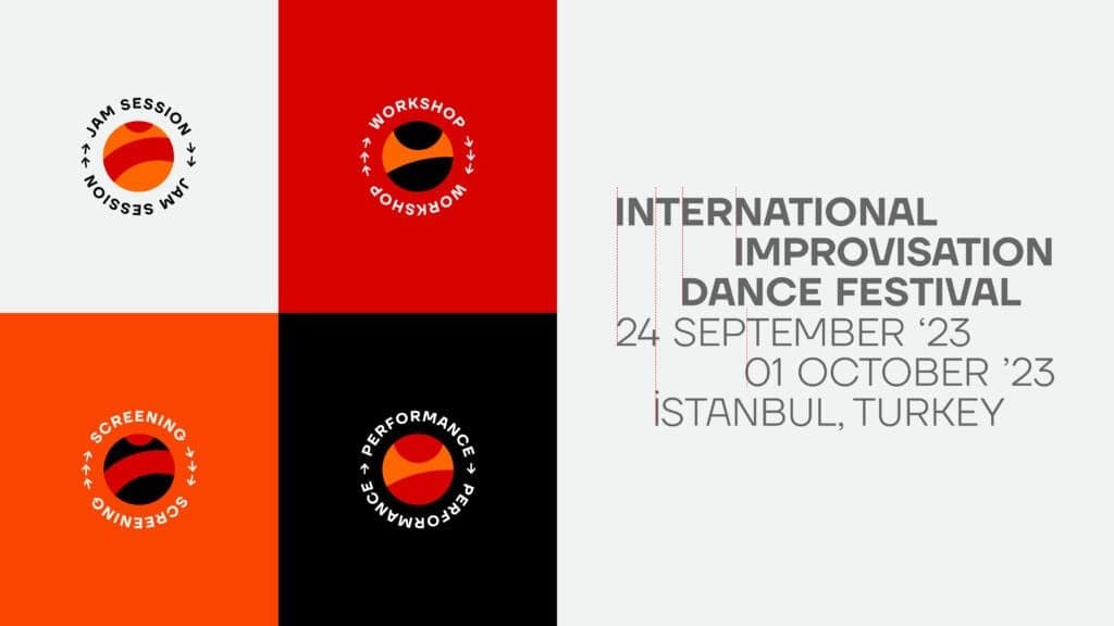 Promotional graphic for the International Improvisation Dance Festival held in Istanbul, Turkey, from September 24 to October 1, 2023. Features circular icons labeled 'Jam Session,' 'Workshop,' 'Screening,' and 'Performance,' in vibrant red, orange, black, and white color schemes, highlighting key festival activities.