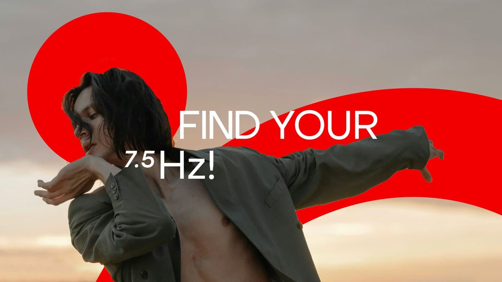 A dancer striking a dynamic pose against a sunset backdrop, overlaid with the bold slogan 'Find Your 7.5 Hz!' and a vibrant red abstract design element, symbolizing movement and energy.