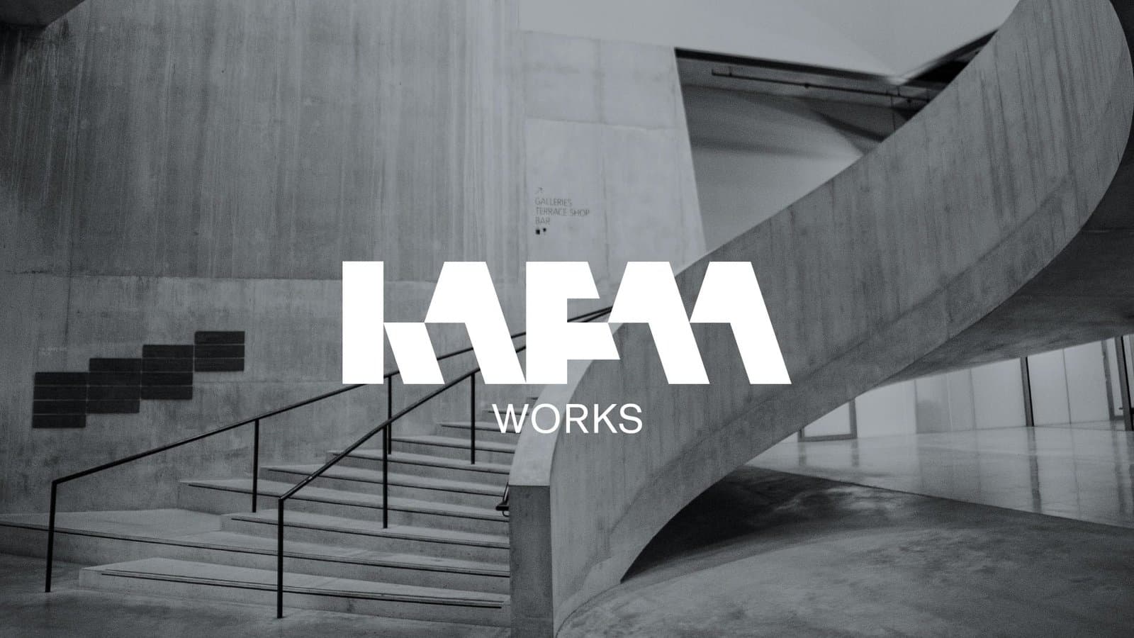 Logo for Kafaa Architectural Studio overlaid on a monochromatic image of modern concrete architecture, showcasing bold geometric typography. The composition highlights balance in design, emphasizing the interplay of solid and empty spaces, reflecting innovation and minimalist architectural principles.