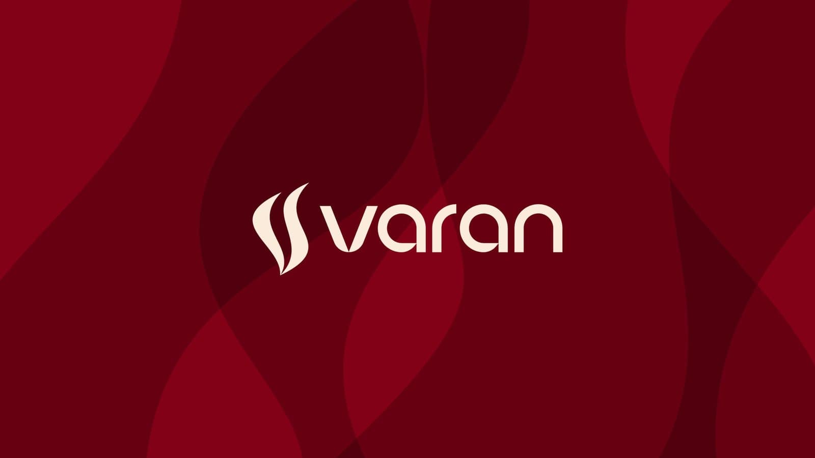 Logo for Varan Catering, featuring sleek white typography and a flame-inspired icon, set against a deep red background with subtle abstract wave patterns, evoking warmth and elegance.