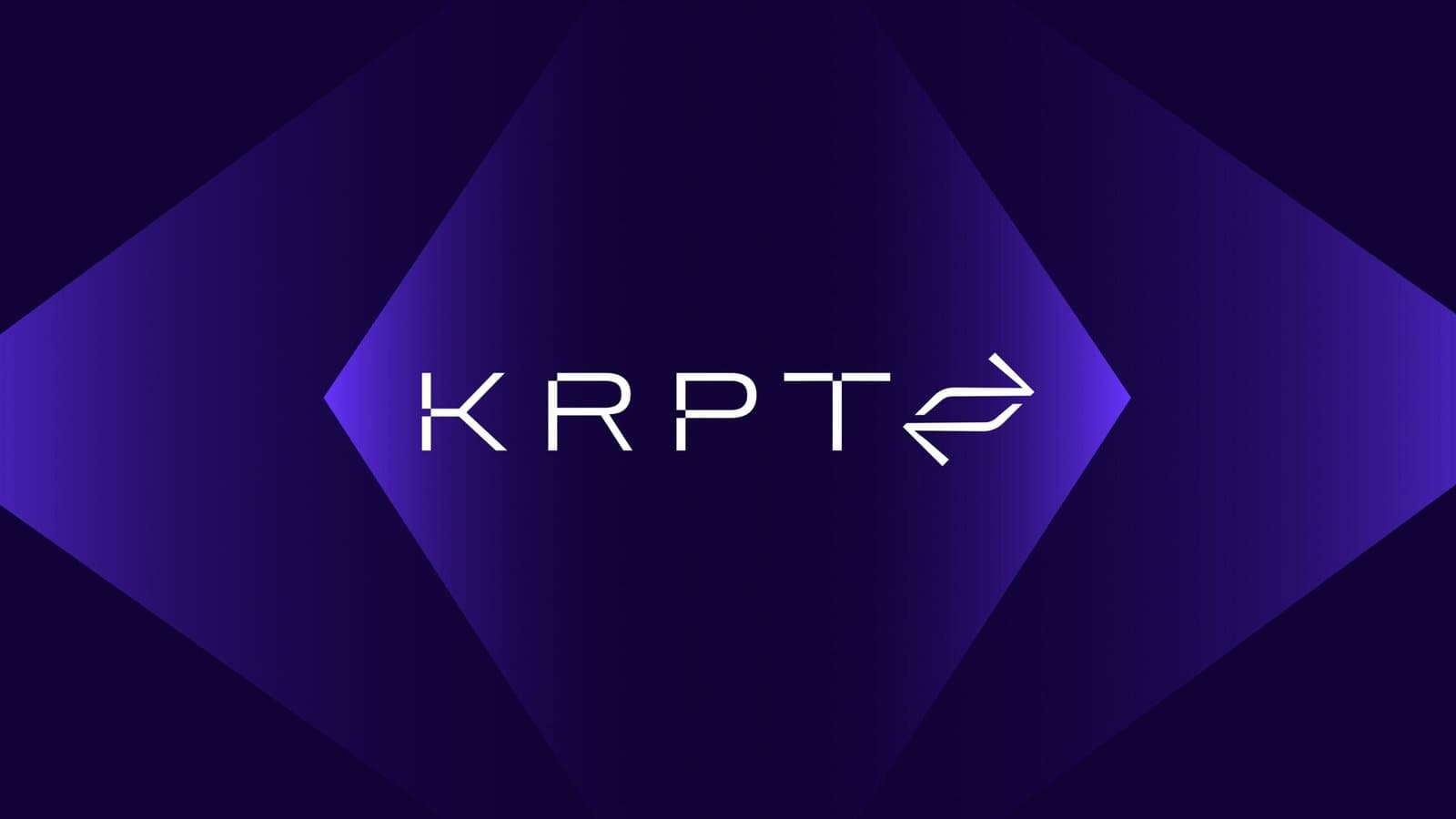 Futuristic logo for 'KRPT' displayed in sleek white typography with a stylized arrow icon, set against a geometric deep purple background with gradient lighting effects, evoking a modern and high-tech aesthetic.