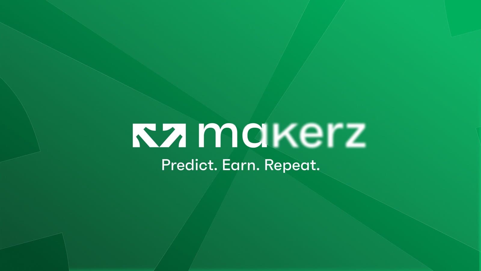 Logo for Makerz with the tagline 'Predict. Earn. Repeat.' displayed in clean white text, accompanied by a modern arrow icon, set against a gradient green background with subtle abstract patterns, reflecting innovation and financial growth.